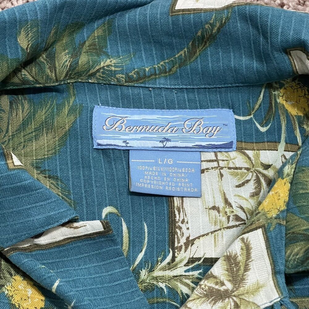 Bermuda Bay Shirt Mens Large Teal Blue Silk Tropical Palm Tree Button Down - Picture 2 of 10